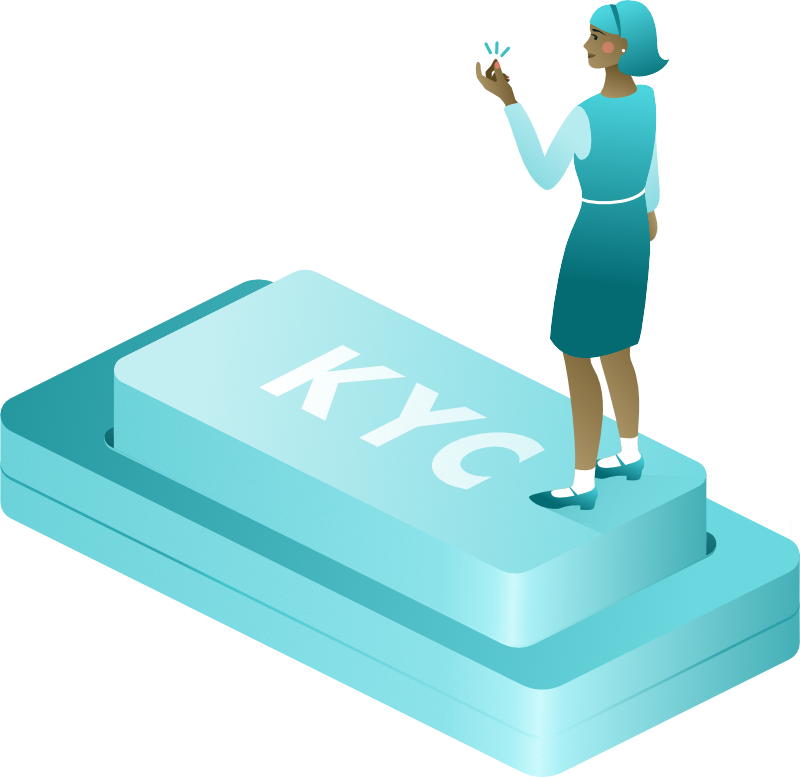 Grafik Frau steht auf einem Button, der mit dem Wort KYC beschriftet ist